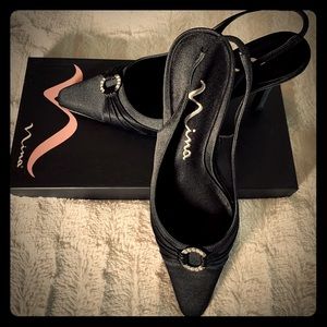 NINA Black Satin Opera Slingback heels 👠 with Crystal Circle Accent